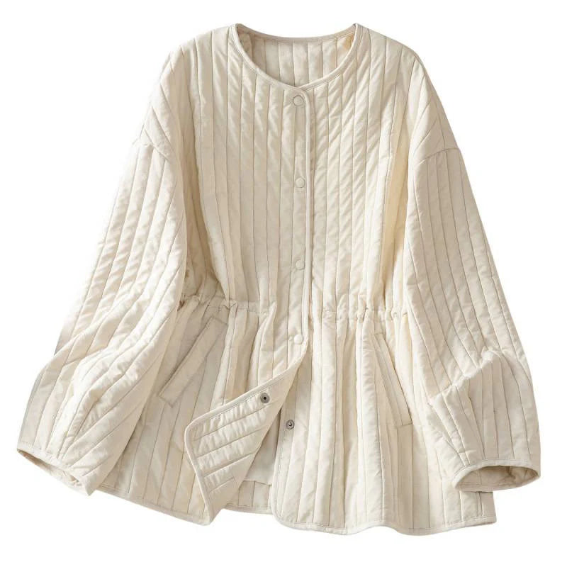 Buddha Stones Women's Plain Crew Neck Drawstring Design Long Sleeve Cotton Jacket With Pocket
