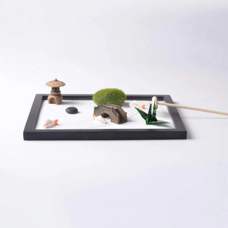 Buddha Stones Koi Fish Small Bridge Grass Landscape Peace Meditation Zen Garden Decoration