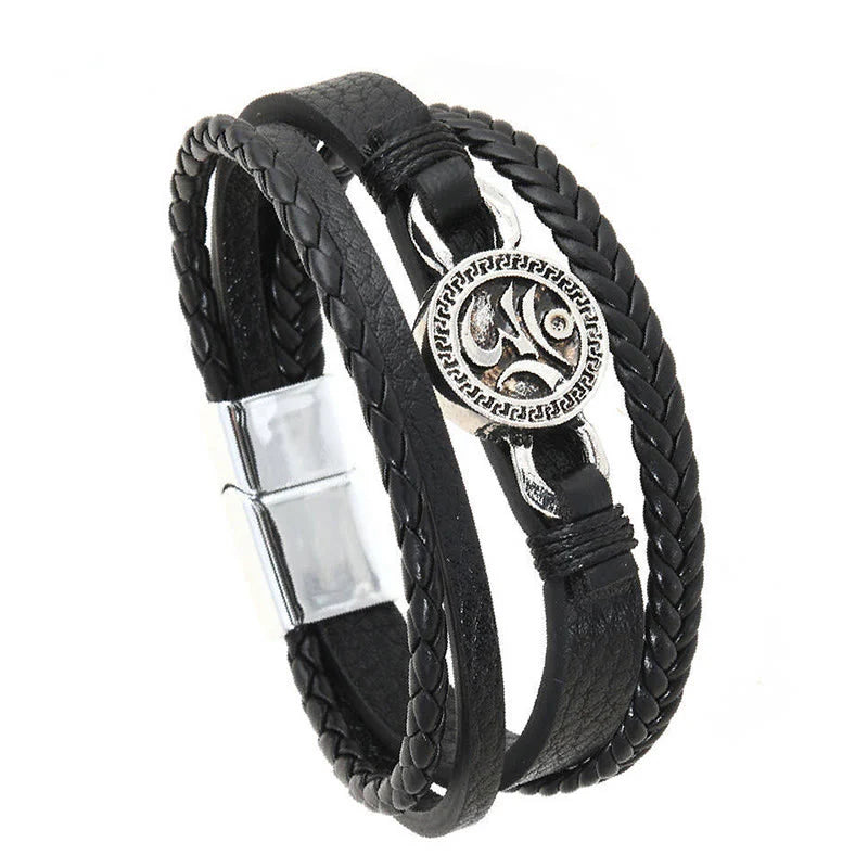 Buddha Stones Om Round Engraved Multilayered Braided Retro Leather Bracelet