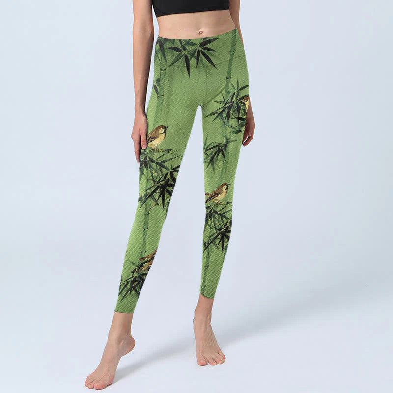 Buddha Stones Elegant Bird Bamboo Leaf Pattern Print Gym Leggings Women's Yoga Pants