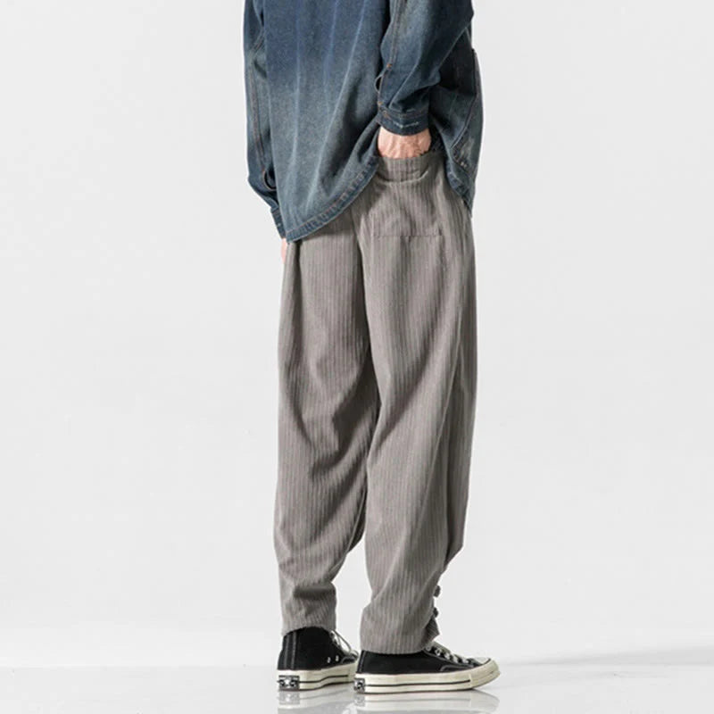 Buddha Stones Fall Winter Men's Pure Color Button Design Cotton Straight Leg Pants With Pockets