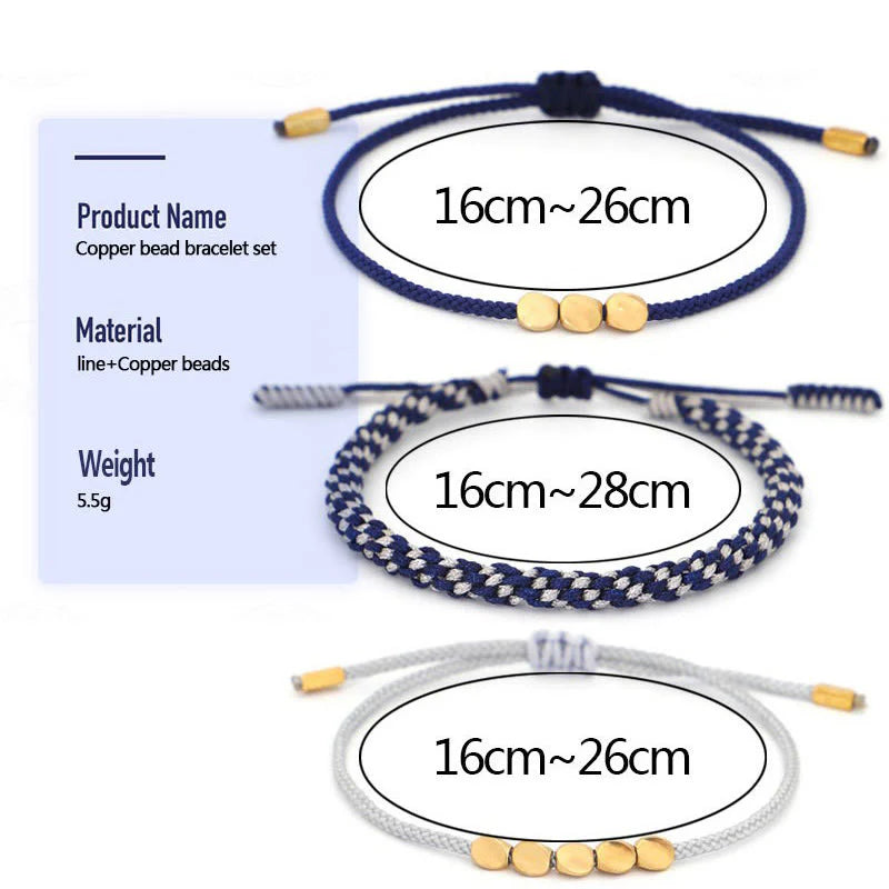 Buddha Stones 3Pcs Blue Gray String Golden Copper Beads Self Care Bracelet