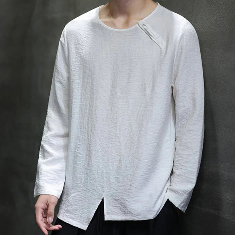 Buddha Stones Solid Color Loose Long Sleeve Round Neck Men's Shirts