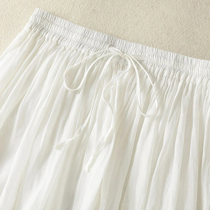 Buddha Stones Summer Plain Drawstring Lace Patchwork Design Women's Cotton Linen 7-8 Length Skirt