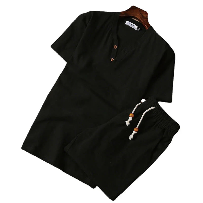 Buddha Stones 2Pcs Plain Notched Collar Short Sleeve T-Shirt Shorts With Pockets Cotton Linen Men's Meditation Cloth Set