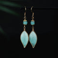 Buddha Stones Handmade Cyan Leaf Copper Plated Silver Hook Protection Drop Earrings