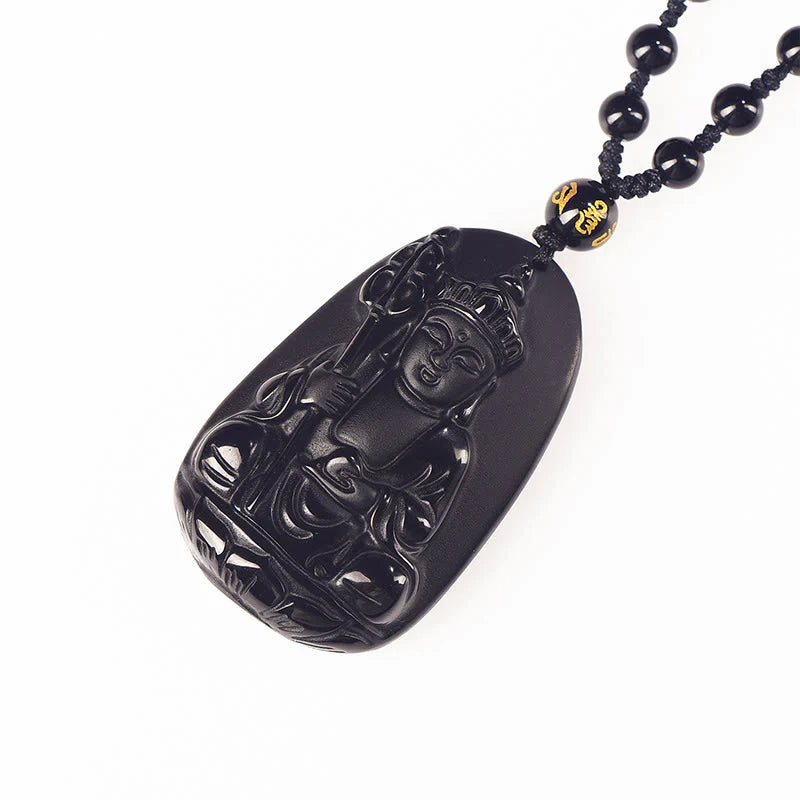 Buddha Stones Ksitigarbha Buddha Pattern Black Obsidian Fulfilment Necklace Pendant