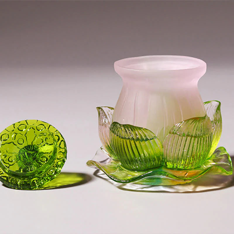 Buddha Stones Feng Shui Lotus Handmade Liuli Crystal Art Piece Home Office Offering Decoration