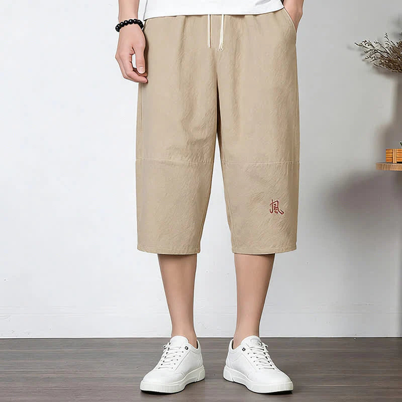 Buddha Stones Plain Drawstring Capri Length Men's Cotton Linen Harem Pants With Pockets