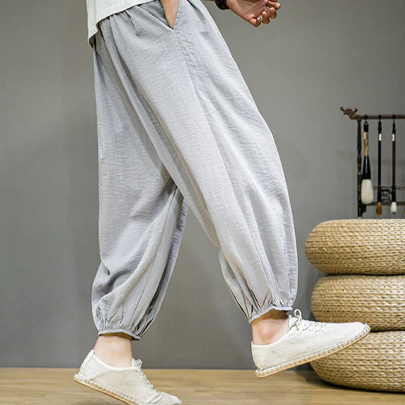 Buddha Stones Summer Plain Drawstring Men's Ankle-Length Cotton Harem Pants With Pockets