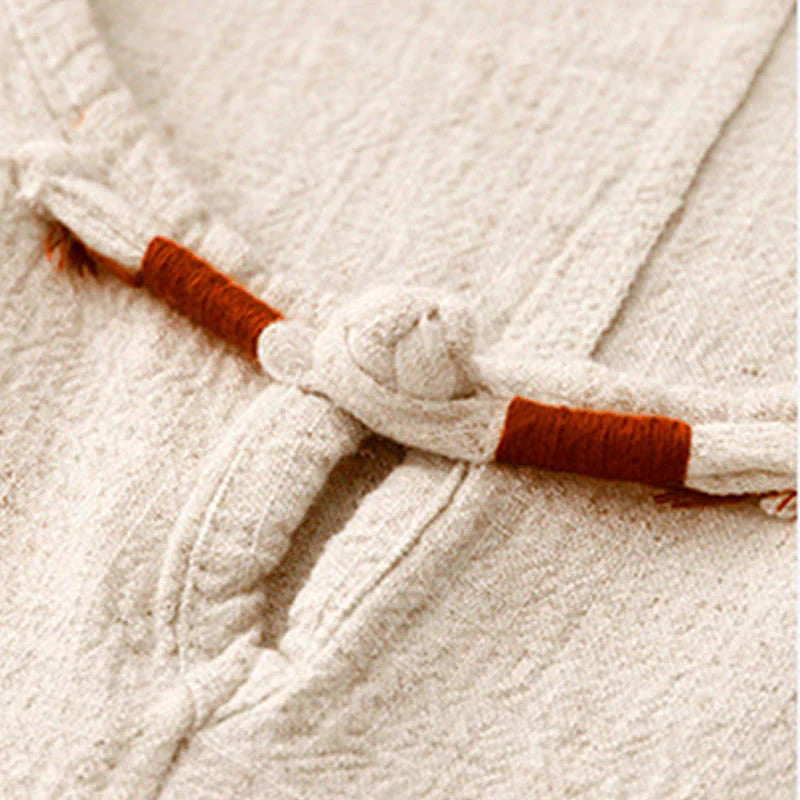 Buddha Stones Colorblock Side Slit  Frog-Button Cotton Linen Half Sleeve Women's Shirt With Pockets