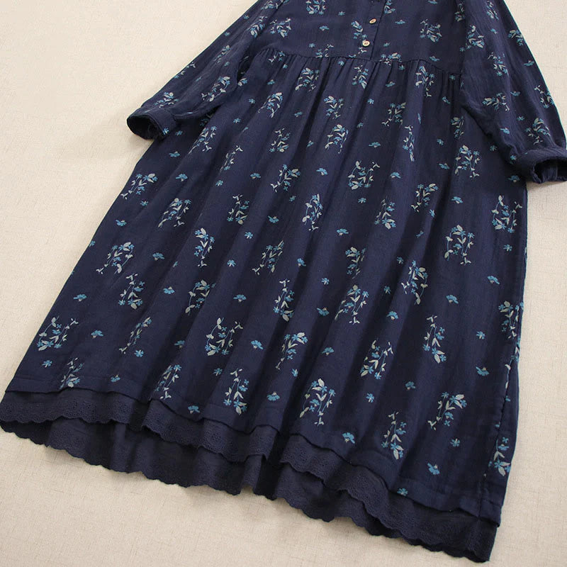 Buddha Stones Spring Small Floral Print Buttons Design Crew Neck Long Sleeve Midi Dress With Pockets