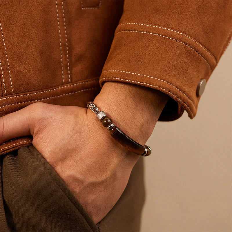 Buddha Stones Tiger Eye Black Obsidian Stone Titanium Steel Strength Buckle Bracelet