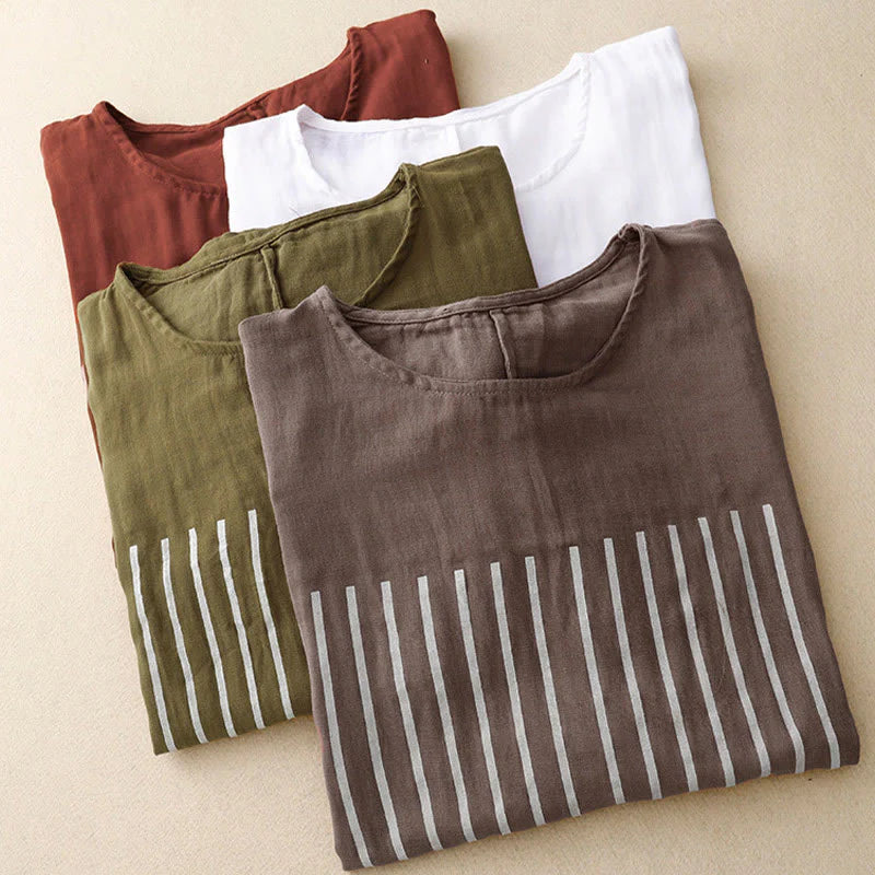 Buddha Stones Casual Line Printing Pattern Short Sleeve Cotton Linen Women's T-Shirt