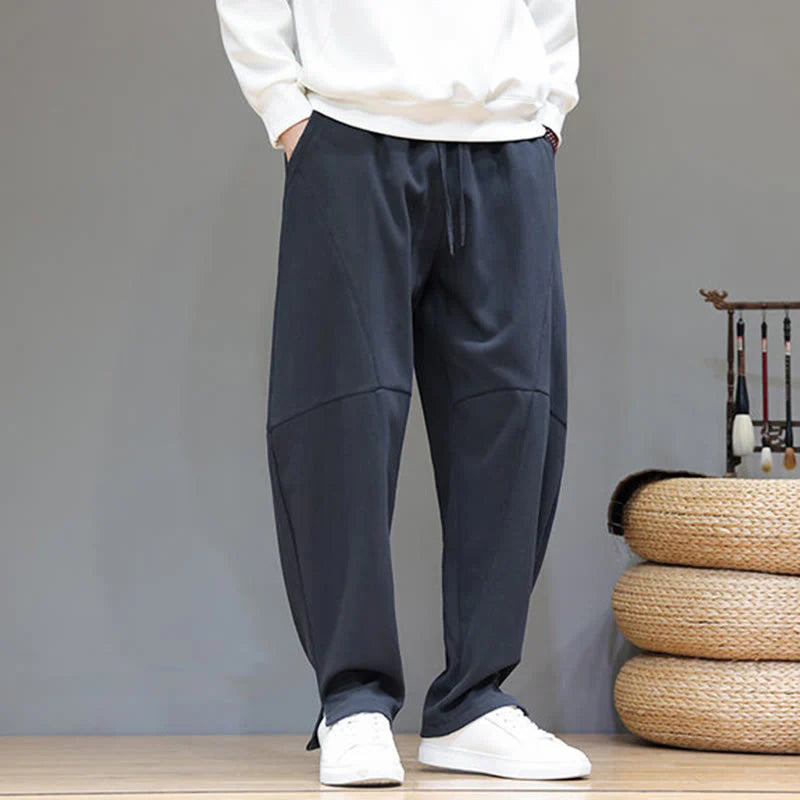 Buddha Stones Winter Solid Color Fleece-lined Men's Cotton Linen Pants With Pockets