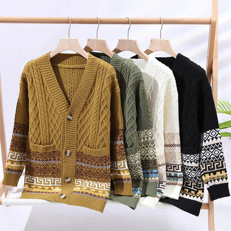 Buddha Stones Jacquard Ethnic Long Sleeve Men's Knitted Sweater With Pockets