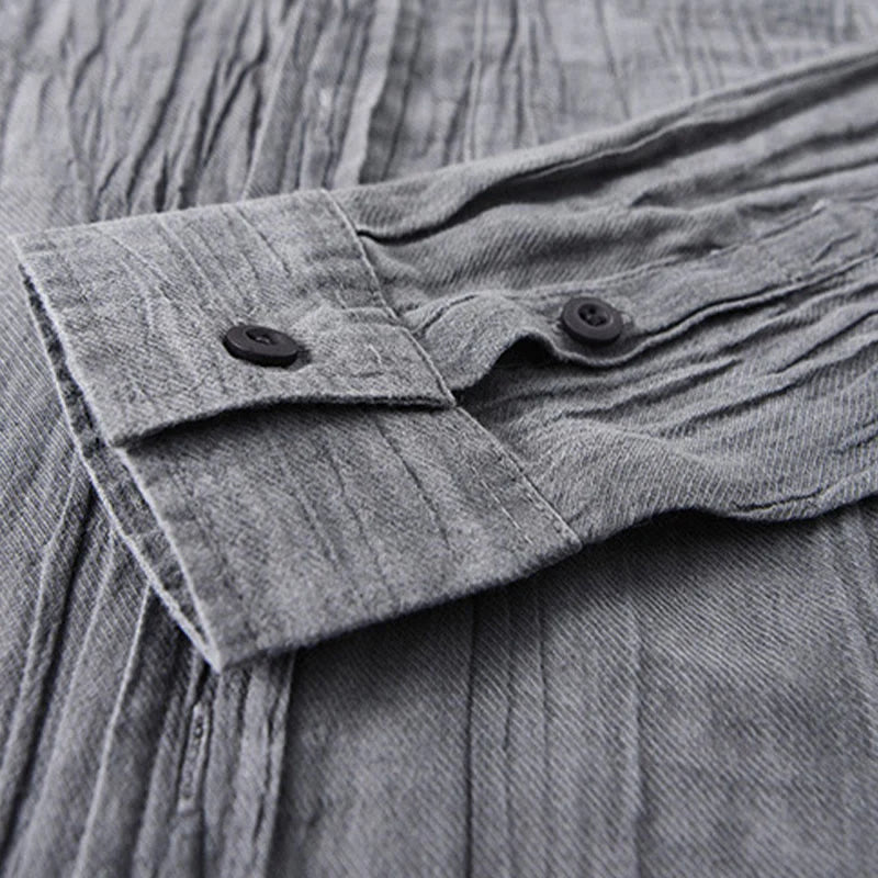 Buddha Stones Solid Long Sleeve Creases Design Buttons Down Ramie Linen Men's Shirts