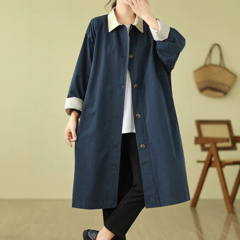 Buddha Stones Splicing Color Buttons Women's Cotton Coat With Pockets