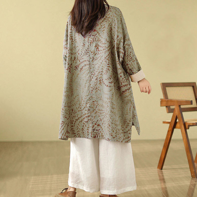 Buddha Stones Frog-button Vine Leaves Women's Coat With Pockets