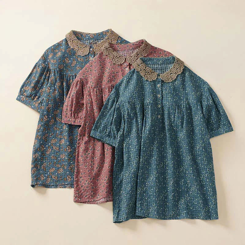 Buddha Stones Front Button Design Floral Print Pattern Women's Cotton Half Sleeve Shirt