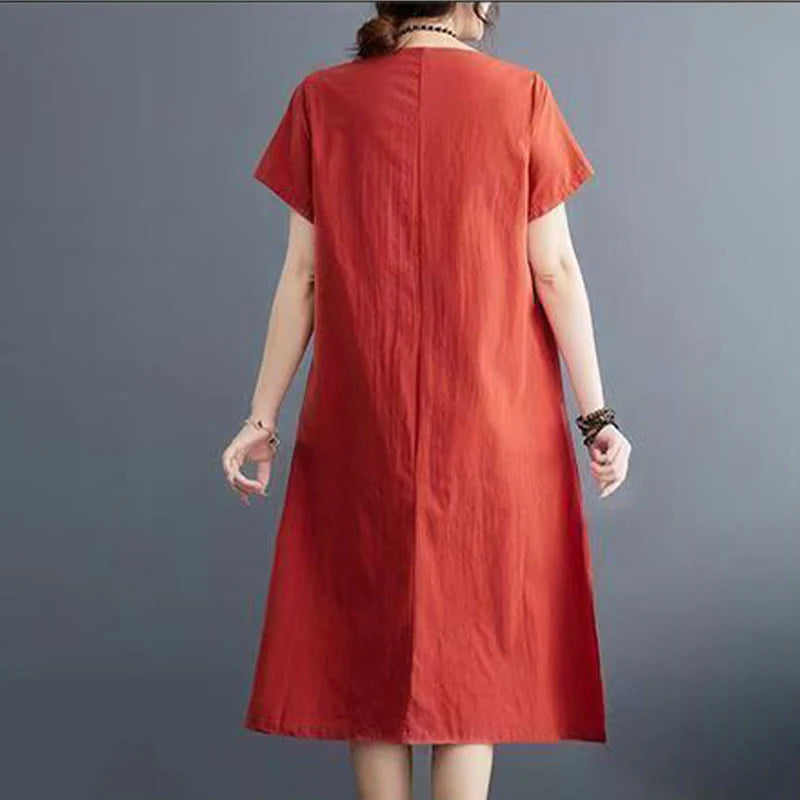 Buddha Stones Summer Printing Phoenix Pattern Short Sleeve Cotton Linen Midi Dress