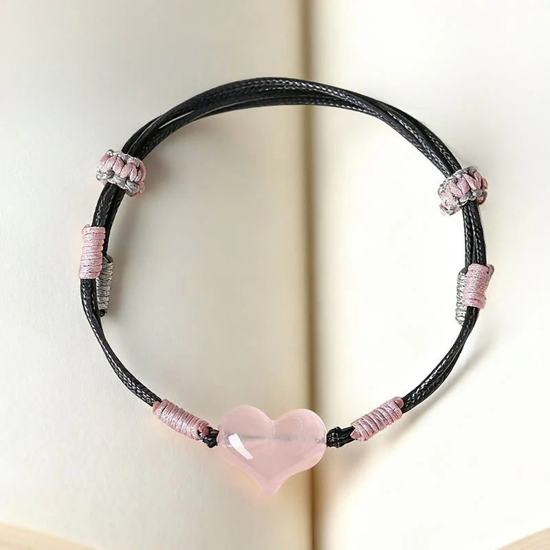Buddha Stones Natural Heart Charm Pink Crystal Braided String Warmth Bracelet