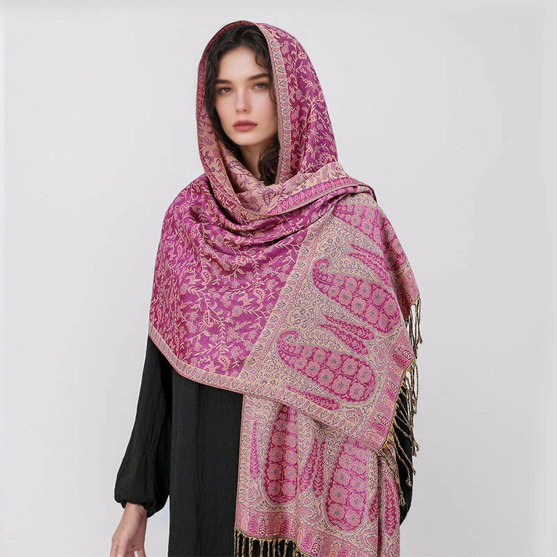 Buddha Stones Tibetan Jacquard Paisley Flower Pattern Color Contrast Design Tassel Cozy Scarf Shawl