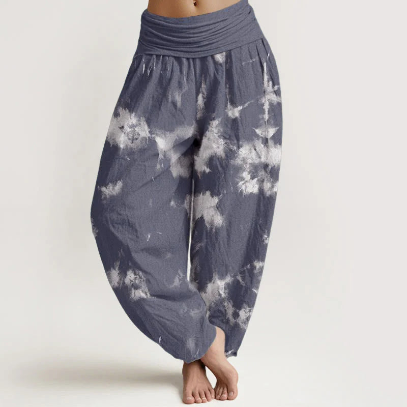 Buddha Stones Pure Cotton White Lines Spots Tie-Dye Pattern Women's Elastic Waist Harem Pants