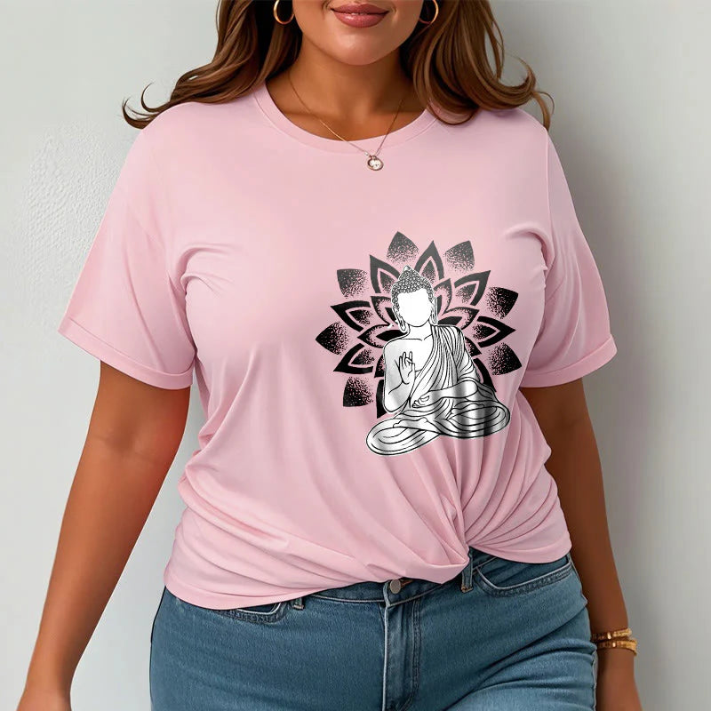 Buddha Stones Seated Buddha Lotus Flower Pattern Tee T-shirt