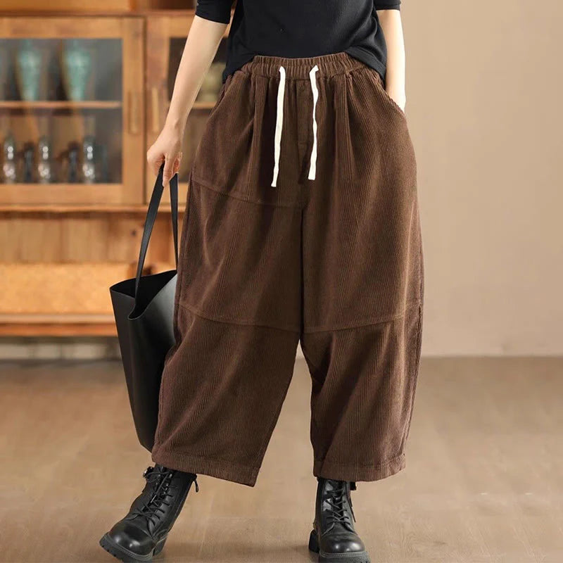 Buddha Stones Women's Drawstring Design Cotton Corduroy Thermal Fleece-Lined Pants With Pockets