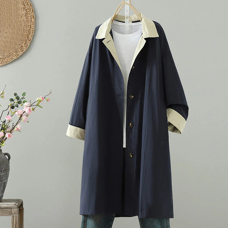 Buddha Stones Fall Lapel Buttons Patchwork Design Women's Cotton Long Sleeve Coat With Pockets