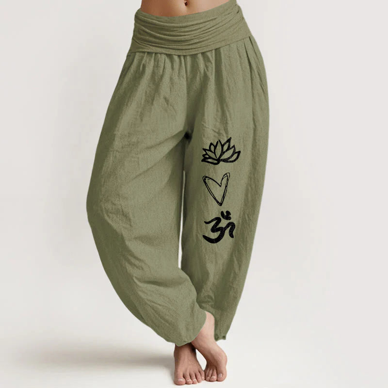 Buddha Stones Pure Cotton Lotus Heart Shape Om Symbol Pattern Women's Elastic Waist Harem Pants