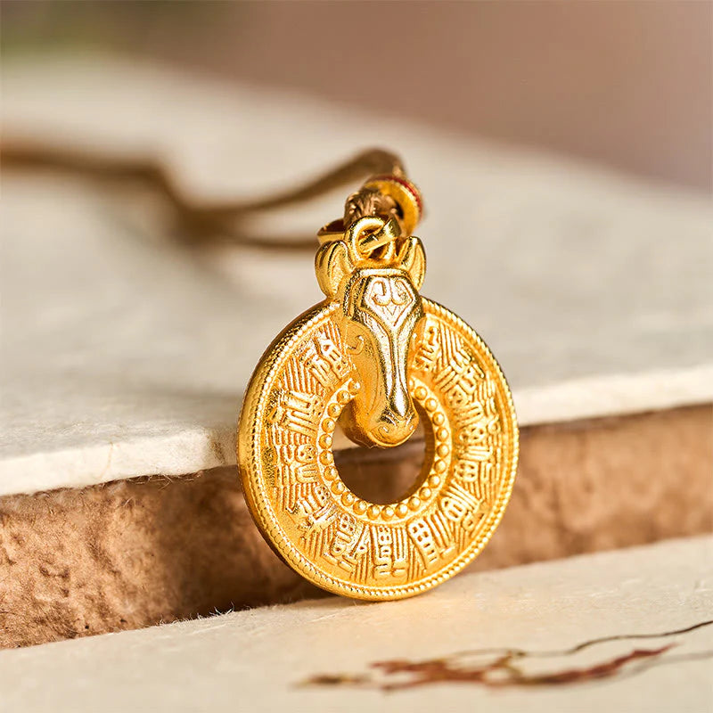 Buddha Stones Year Of The Horse Peace Buckle Fu Character Gold Plated Copper Energy Necklace Pendant