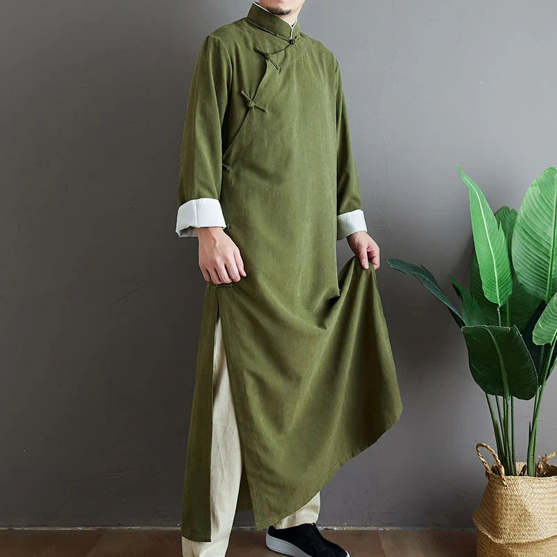 Buddha Stones Fall Solid Color Chinese Frog-Button Cotton Men's Tang Suit Robe