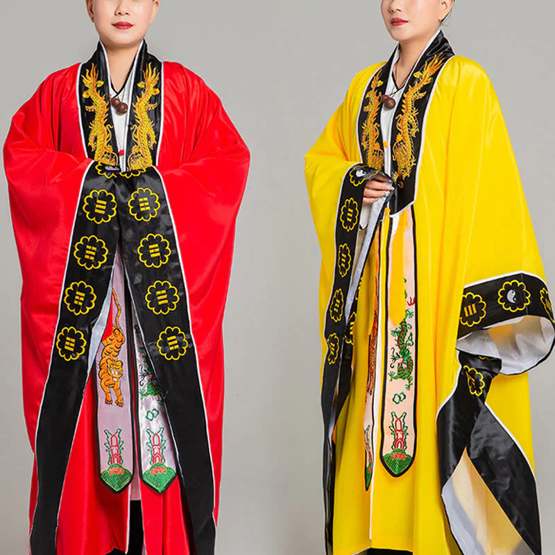 Buddha Stones Wudang Embroidery Dragon Tiger Long Wide Sleeve Unisex Taoist Robe Kimono For Qigong Ceremony