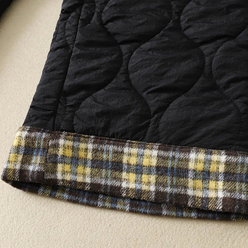 Buddha Stones Winter Curved Lines Elastic Waist Drawstring Patchwork Plaid Cotton Thermal Women's Pants With Pockets
