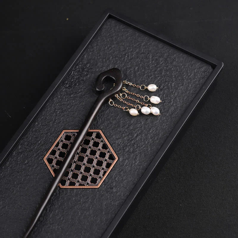 Buddha Stones Ebony Auspicious Cloud Pearl Tassel Protection Hairpin