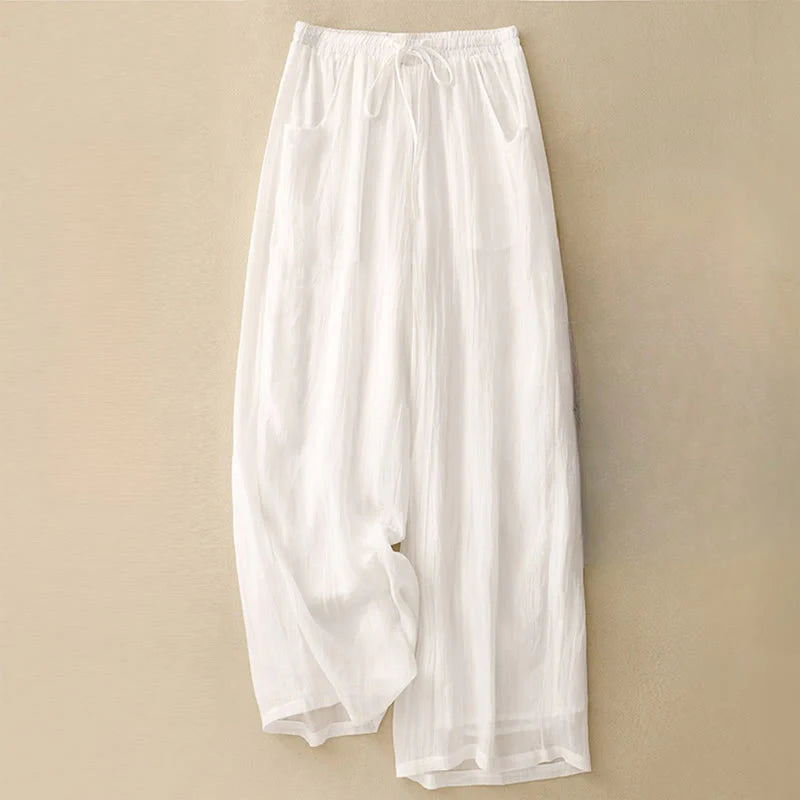 Buddha Stones Spring Pure Color Drawstring Double Layer Women's Wide Leg Pants With Pockets
