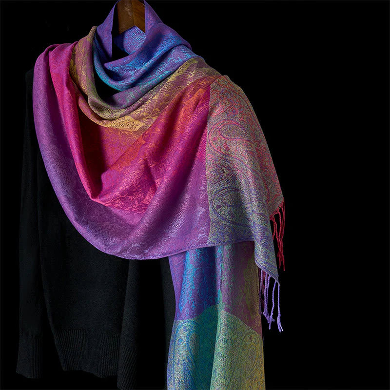 Buddha Stones Spring Colorful Gradient Cashew Flower Pattern Tassel Cozy Scarf Shawl