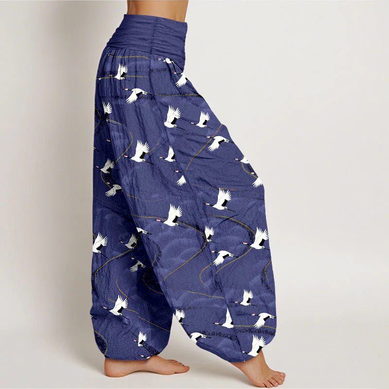 Buddha Stones Cotton Elegant Cranes Winding Lines Pattern Women's Elastic Waist Harem Pants