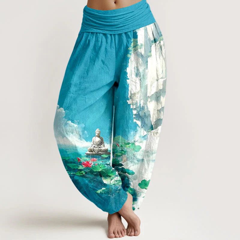 Buddha Stones Cotton Lotus Flower Leaf Rocks Water Surface Cloud Buddha Pattern Women's Elastic Waist Harem Pants