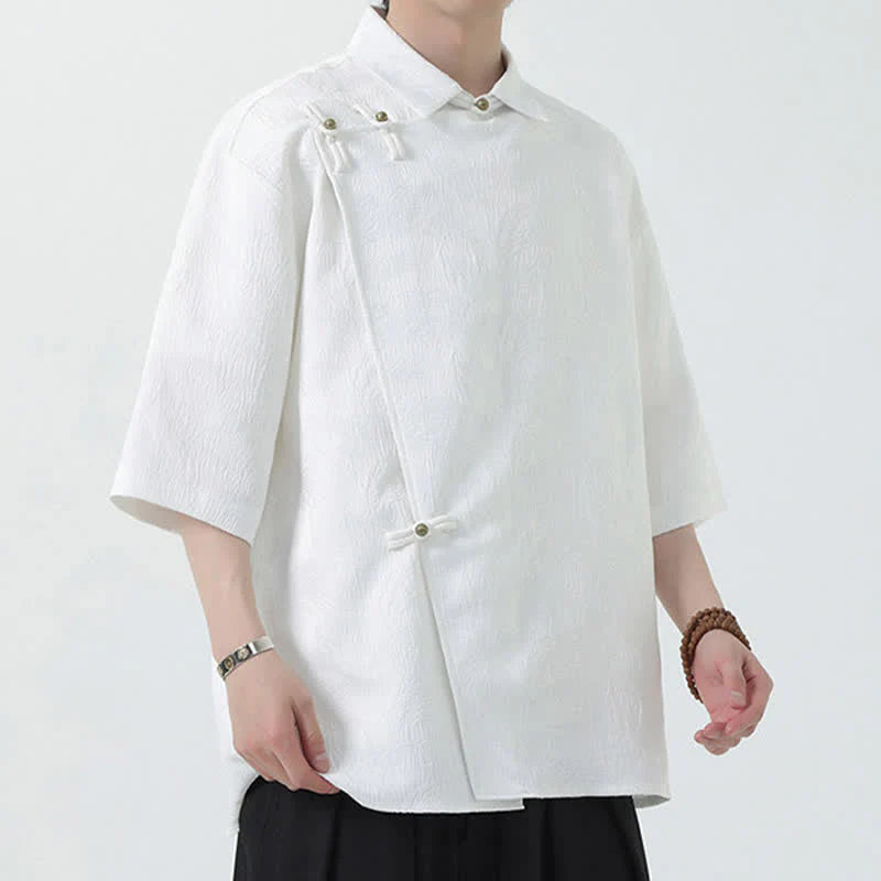 Buddha Stones Summer Mandarin Collar Textured Jacquard Men's Elbow Sleeve Shirt