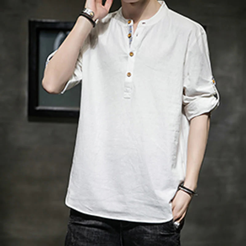Buddha Stones Summer Solid Men's Half Buttons Half Sleeve Linen Shirt