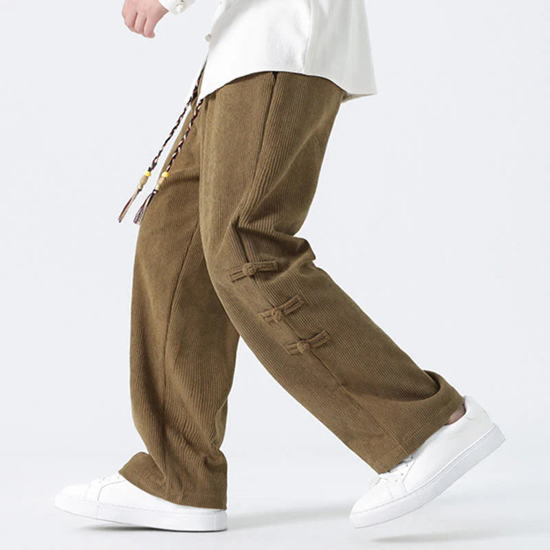 Buddha Stones Fall Solid Frog-Button Men's Drawstring Corduroy Straight Leg Pants With Pockets