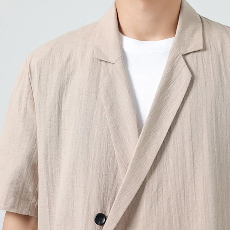 Buddha Stones Spring Plain Asymmetrical Lapel Collar Short Sleeve Men's Cotton Linen Shirt With Pockets