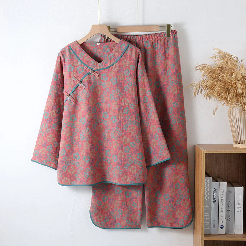 Buddha Stones 2pcs Floral Pattern Frog-Button Long Sleeve Round Neck Shirt Pants Cotton Pajamas Set