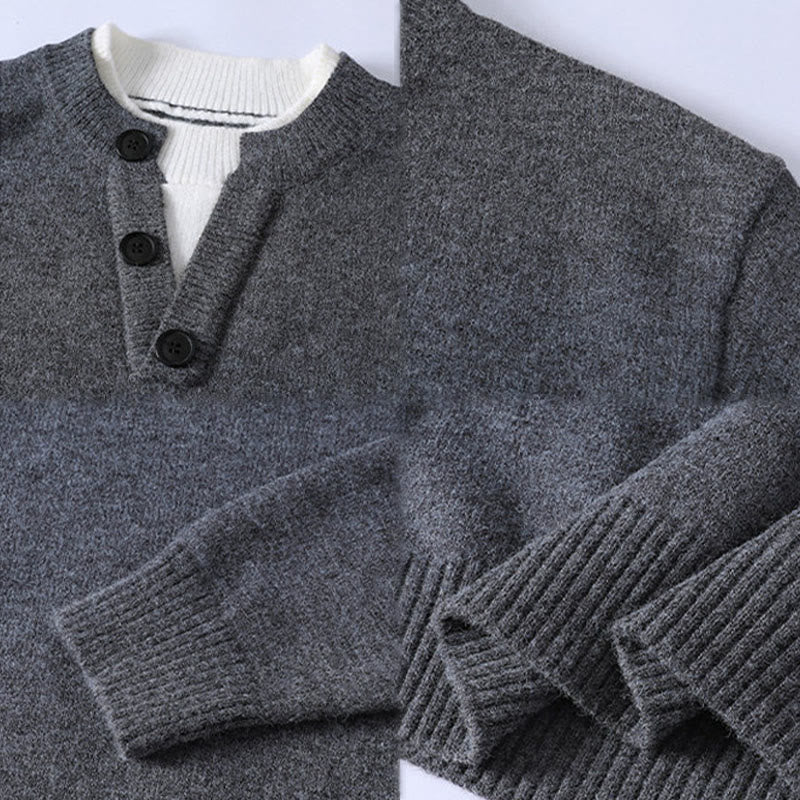 Buddha Stones Winter Buttons Crew Neck Design Warm Men's Long Sleeve Knitted Sweater