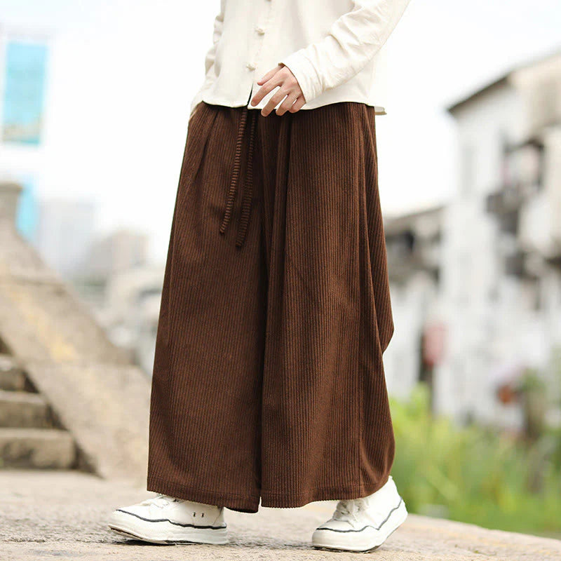 Buddha Stones Fall Solid Color Drawstring Design Men's Corduroy Wide Leg Pants With Pockets