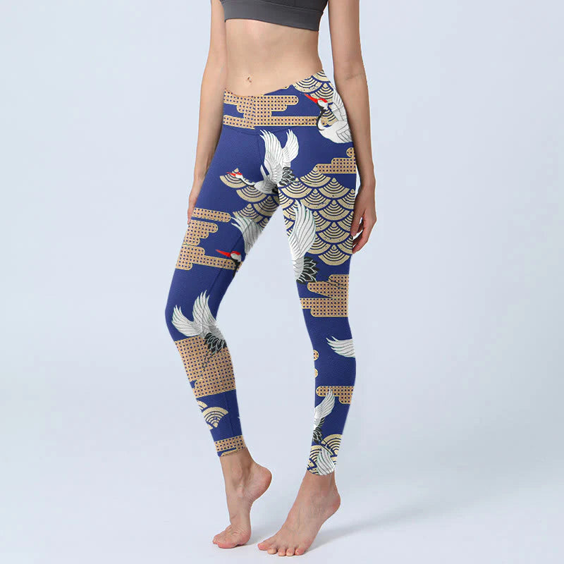 Buddha Stones Red-crowned Cranes Fan-shaped Auspicious Clouds Print Gym Leggings Women's Yoga Pants