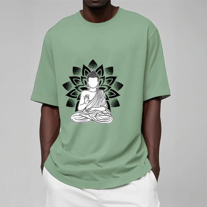 Buddha Stones Seated Buddha Lotus Flower Pattern Tee T-shirt